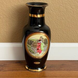 Art of Chokin Black & Gold Vase Geisha Motif 24KT Gold Trim Made in Japan